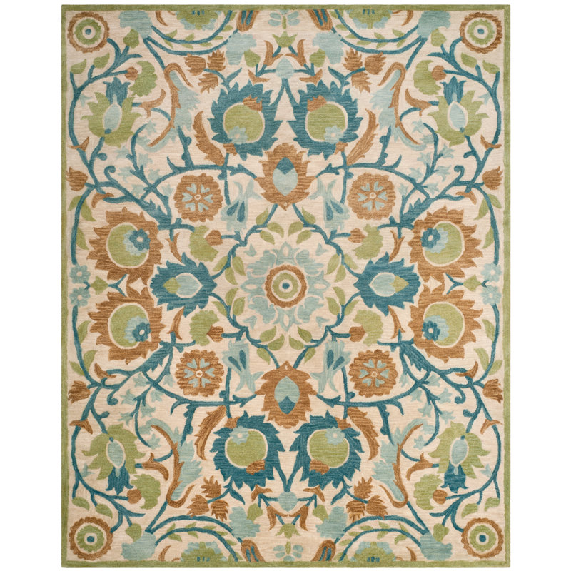 Ivory and Green Hand-Tufted Wool Floral 8' x 10' Rug