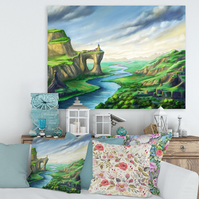 Paysage de fantaisie bleue avec rivière sinueuse - Impression sur toile, H 12 po x l 20 po x p 1 po, Toile tendue