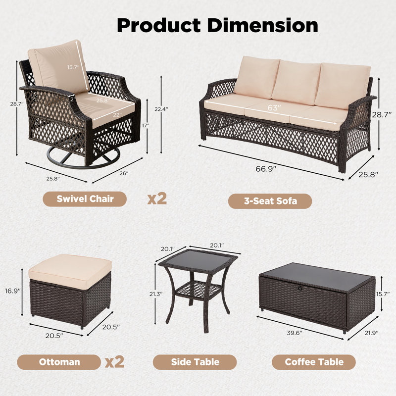Ensemble de meubles de patio 7 pièces, ensemble de conversation en osier avec chaises pivotantes, 2 repose-pieds, table basse avec rangement