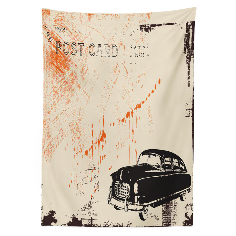 Ambesonne Vintage Car Tablecloth, Art With Classic Old Fashioned Car On The Street Vintage Postcard Style Design, Rectangular Table Cover For Dining Room Kitchen Decor, 60" X 90", Beige Black