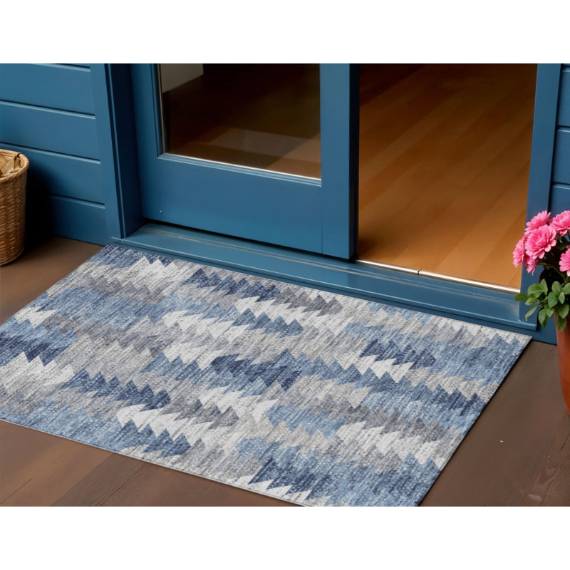 HomeRoots 3' X 5' Navy Blue And Sky Blue Geometric Washable Indoor Outdoor Area Rug