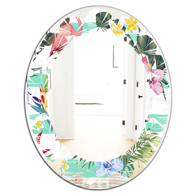 Miroir mural Leaves, H 24 po x l 24 po, Feuilles, fleurs botaniques et flamant rose