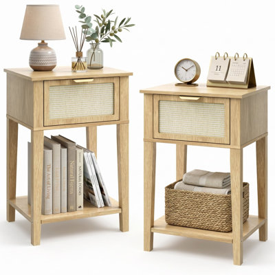Modern 1-Drawer Nightstand with Woven Cane Front and Open Storage Shelf