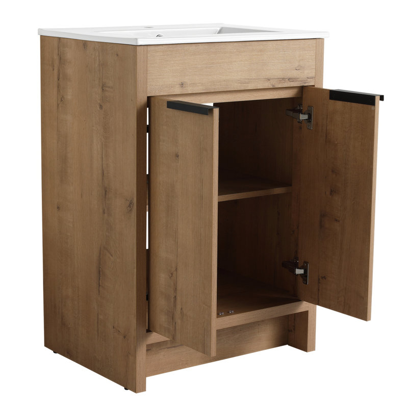 24.09'' Single Bathroom Vanity with Ceramic Top, Oak, White
