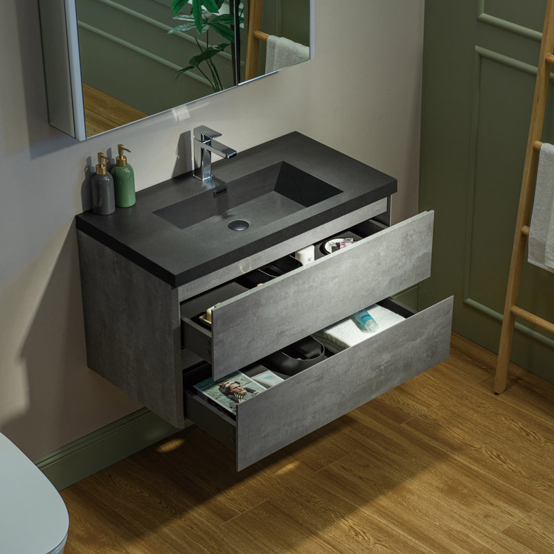 Vital 36" Wall Mounted Floating Bathroom Vanity in Gray with Quartz Vanity Top, Black, 36"