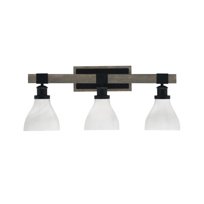 Barre d'éclairage de salle de bain 3 lumières Bitner en noir mat et finition en métal d'aspect bois patiné avec verre marbré blanc de 6,25 po