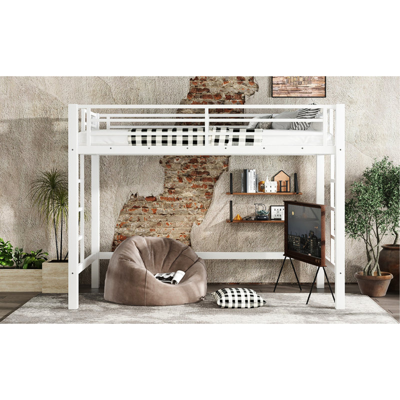 Lit mezzanine en métal blanc de taille très simple, assemblage rapide, avec double échelle et fonction de rangement structurellement ferme, niveau inférieur ouvert, esthétique épurée