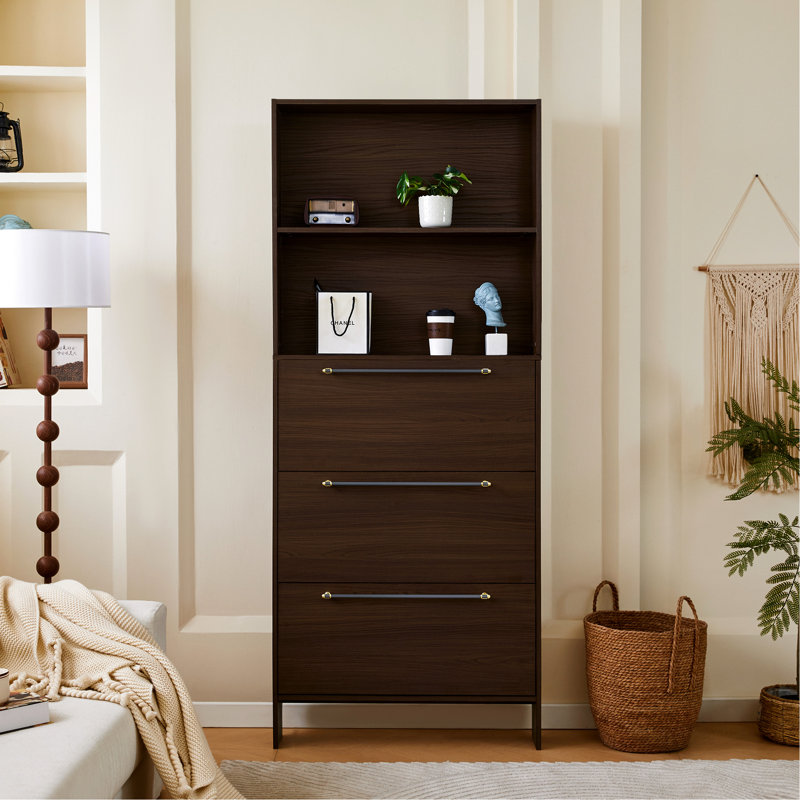 Armoire à chaussures moderne avec 3 tiroirs rabattables. Porte-porche. Solide, couleur noyer, tiroirs spacieux et tablettes ouvertes. Organisation du couloir.