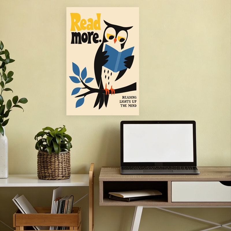 Affiche murale abstraite vintage représentant un hibou sage lisant un hibou sur un arbre., H 18 po x l 12 po