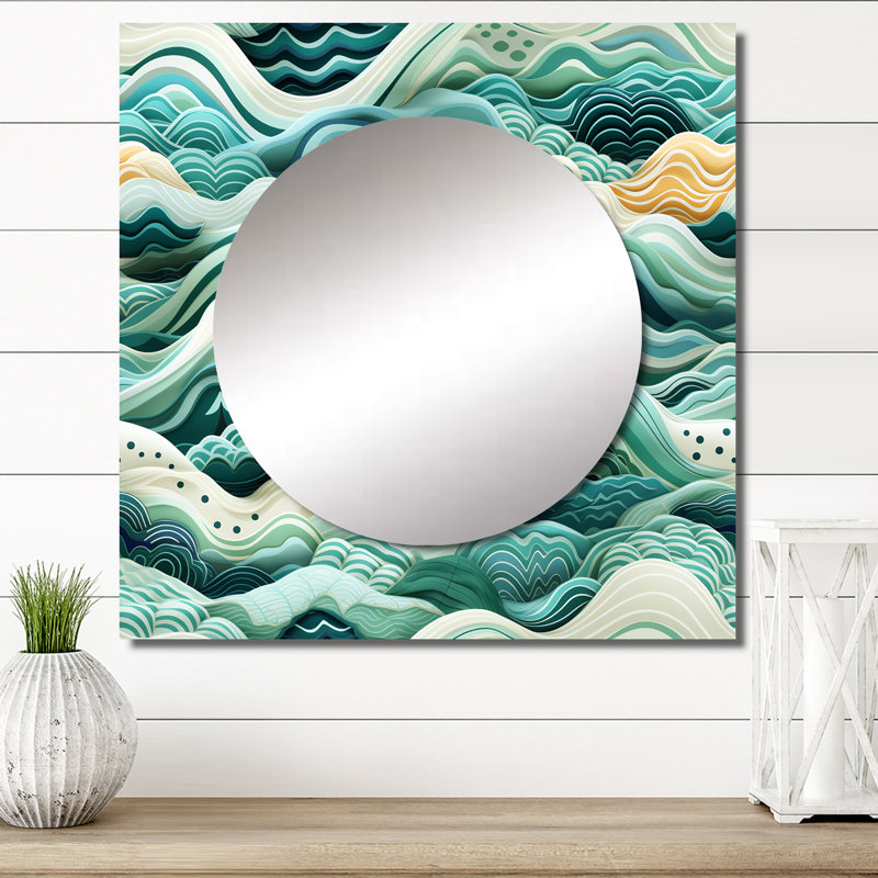 Motif de vagues côtières vertes à motif de chevrons - miroir mural abstrait carré pour chambre à coucher, 23 po x 23 po