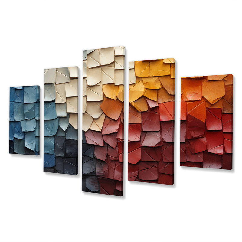 Forêt rouge, collage de bois III sur toile, 5 pièces