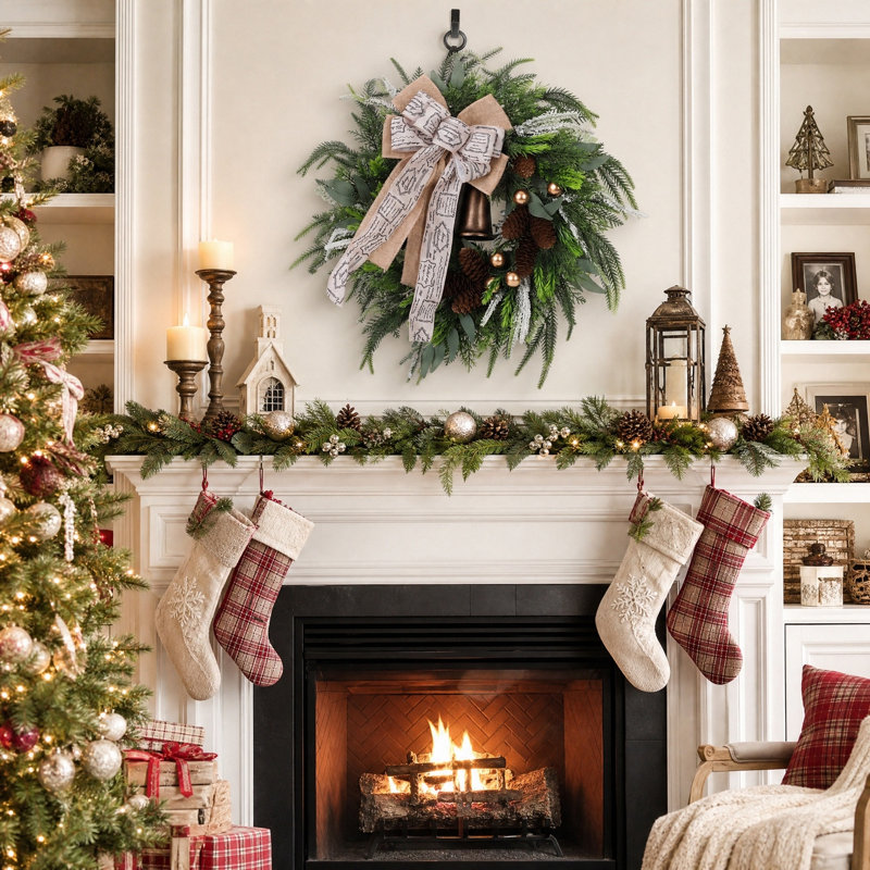 Couronne de Noël artificielle en pin de 50 cm avec nœud en toile de jute, pommes de pin et cloche en métal, décoration hivernale pour porte d'entrée