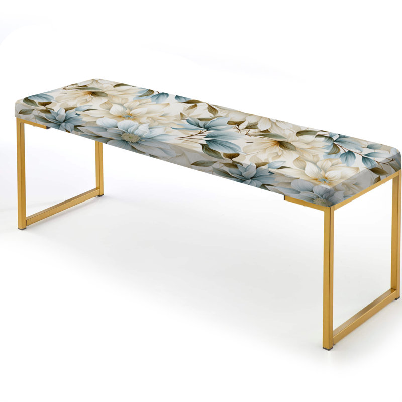 White Mandalas Chrysanthemum Boho Pattern IV - Floral Upholstered Gold Bench
