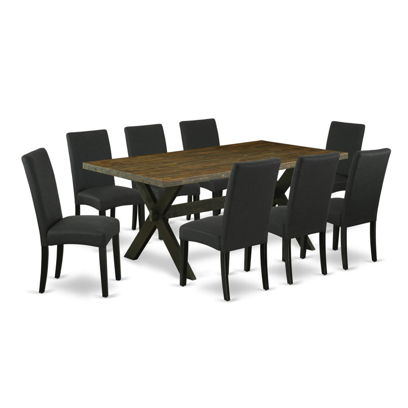 Ensemble de salle à manger 9 pièces comprenant une table de cuisine rectangulaire à pattes en X et 8 chaises de salle à manger Parsons en lin noir multicolore