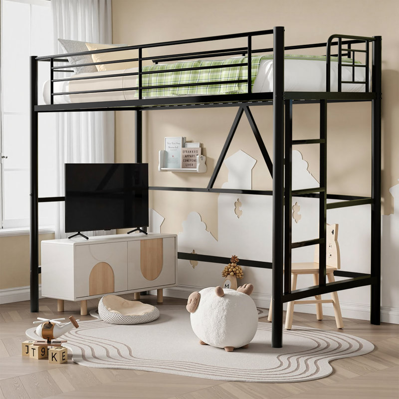 Metal Single Size Loft Bed, Metal Bed Frame with Removable Ladder and Safety Guardrail, Space Saving, Black
