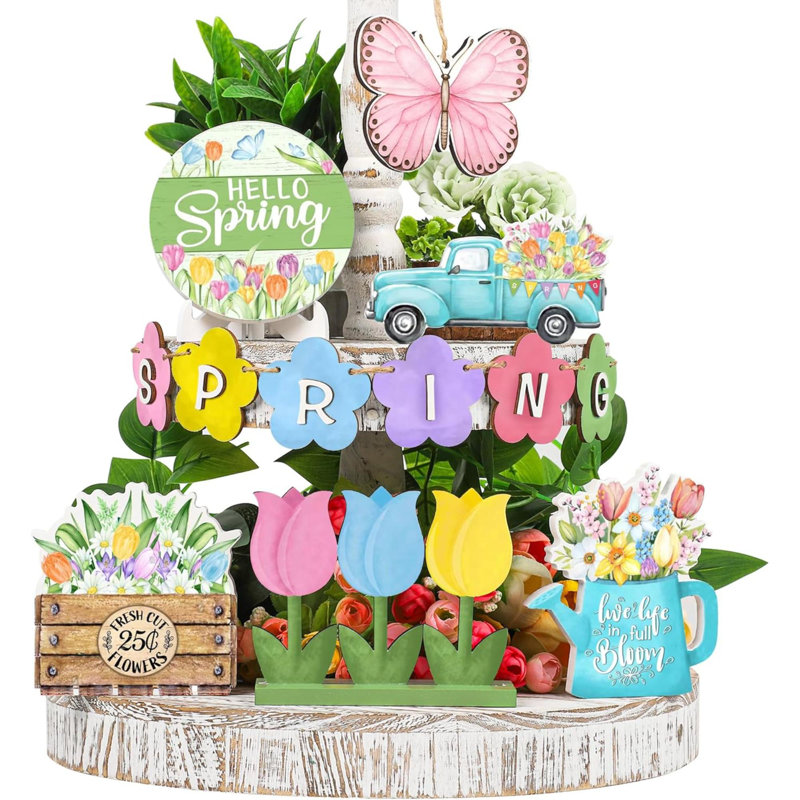 Décor de plateau de printemps à niveaux Hello Spring