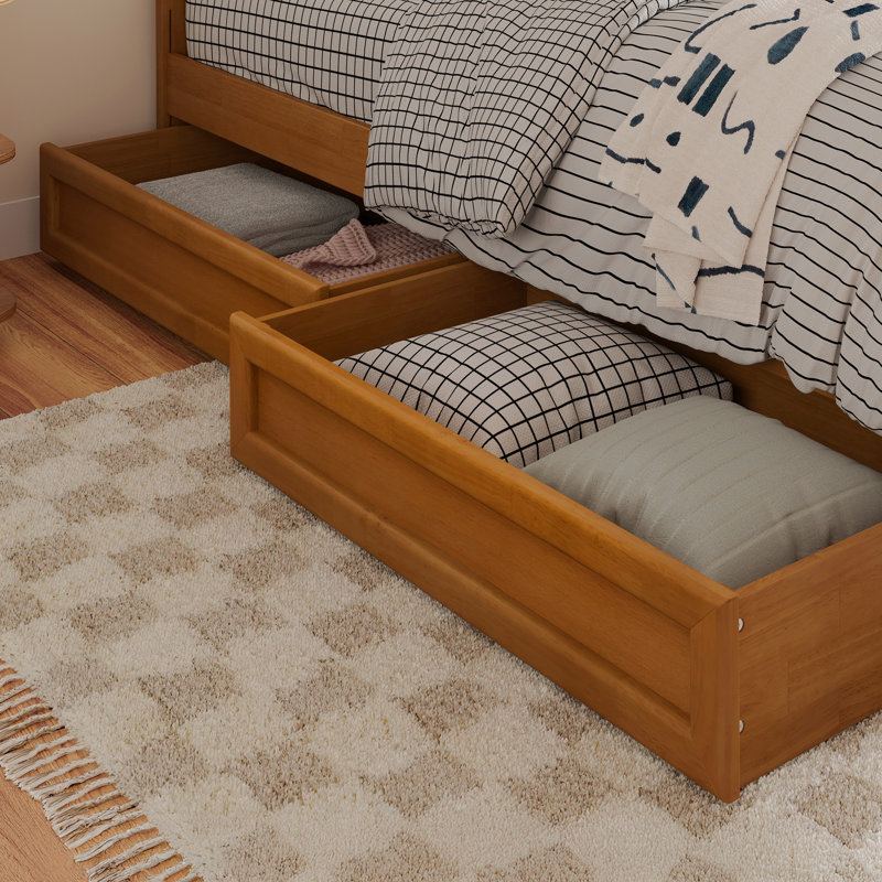 Lit plateforme en bois massif Lamaiyah avec pied de lit et tiroirs de rangement, Double, Caramel clair