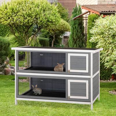 Habitation de lapin 54 po à 2 étages - Cage en bois robuste avec entrées verrouillables, bac anti-fuites et toiture imperméable pour l'extérieur et l'intérieur