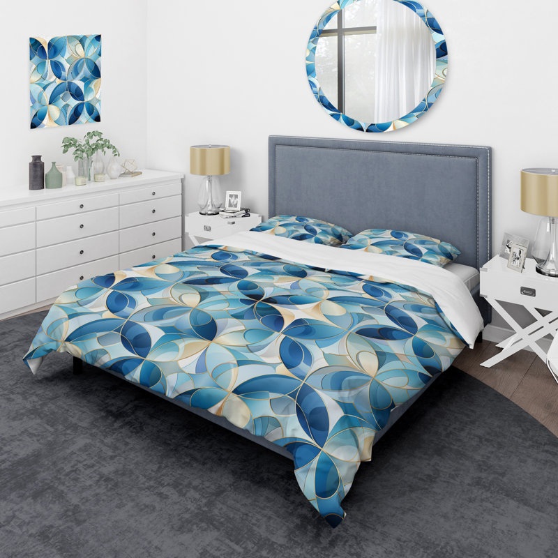 Coastal Blue Tiles Geometric - Ensemble de housse de couette géométrique, Housse de couette pour très grand lit et 2 très