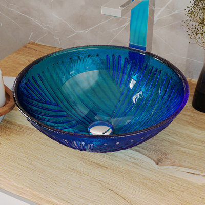 Blue Tempered Glass Vessel Round Bathroom Sink with Pop-Up Drain