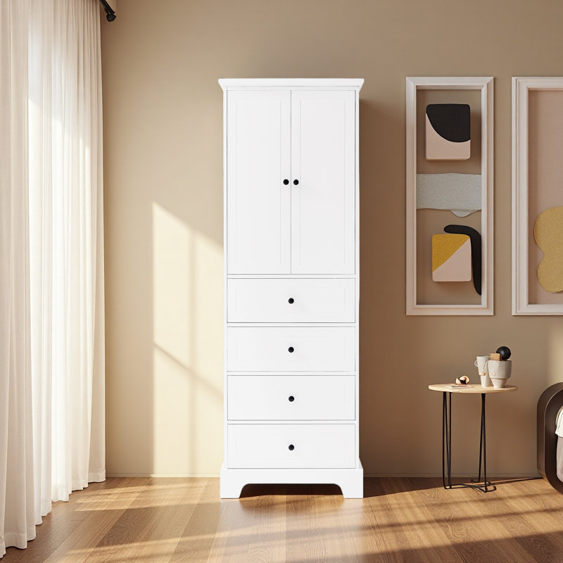 Armoire de rangement avec 2 portes et 4 tiroirs pour la salle de bain, Blanc