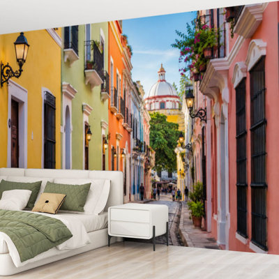 Wall Mural Peel and Stick Wallpaper colorful street old san juan puerto rico town scenery Self-Adhesive Removable Contact Paper Wall Decor for Living Room Bedroom 69"H x 96"W