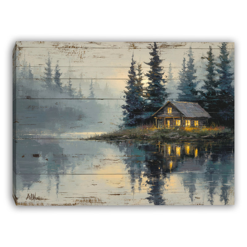 «Rustic Lake Cabin Reflections», art mural sur toile tendue, H 12 po x l 16 po