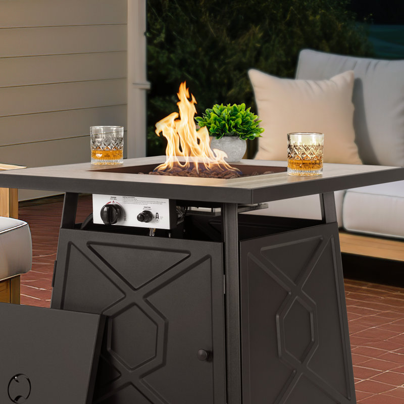 Outdoor 28 Inch 50,000 BTU Propane Gas Iron Fire Pit Table with Cover, Ceramic Tabletop and Iron Frame, Lid and Lava Rocks, for Patio, Deck, Garden, Backyard, Brown and Black