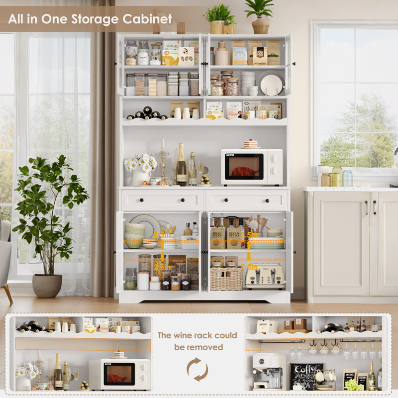 Dayal 75.4"H Modern Kitchen Pantry Cabinet with Charge Station, Large Food Pantry with Microwave Shelf & Wine Storage, Removable Goblet Holder
