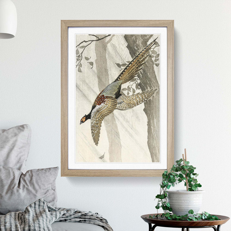 Pheasant in Flight by Ohara Koson - Picture Frame Painting Print on MDF, 48cm H x 36cm W x 2cm D, Oak Framed