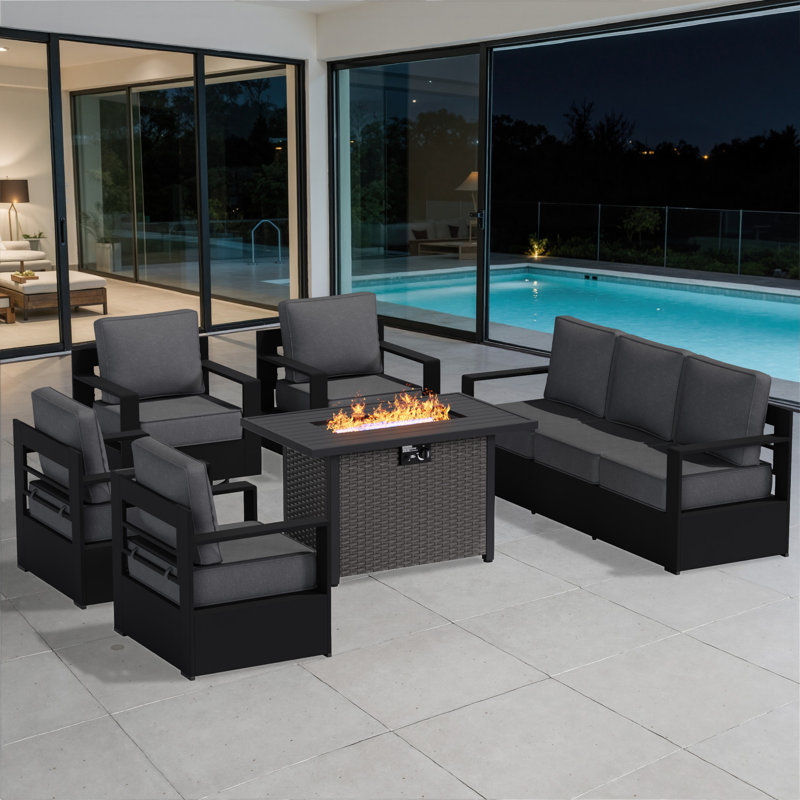 7-Person Modern Aluminum Patio Fire Pit Set, 3-Seat Sofa, 2 Swivel & 2 Armchairs with Gray Cushions, Gray