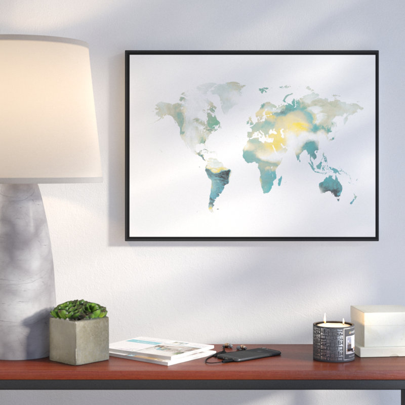 « world map », reproduction de peinture à l’aquarelle sur toile, H 31,75 po x l 41,75 po x P 1,75 po, Cadre noir