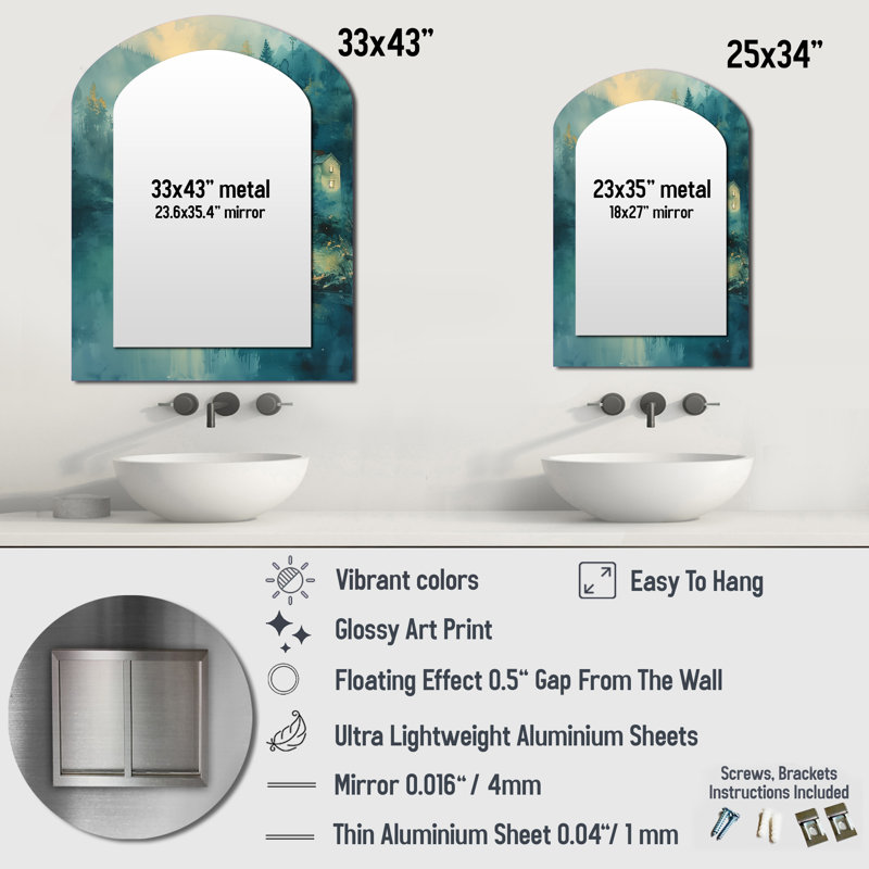 Green Grey winter Rural Refuge Mill - Mills Asymmetrical Mirror, Green Arch Decorative Wall Mirror, Printed Metal Art