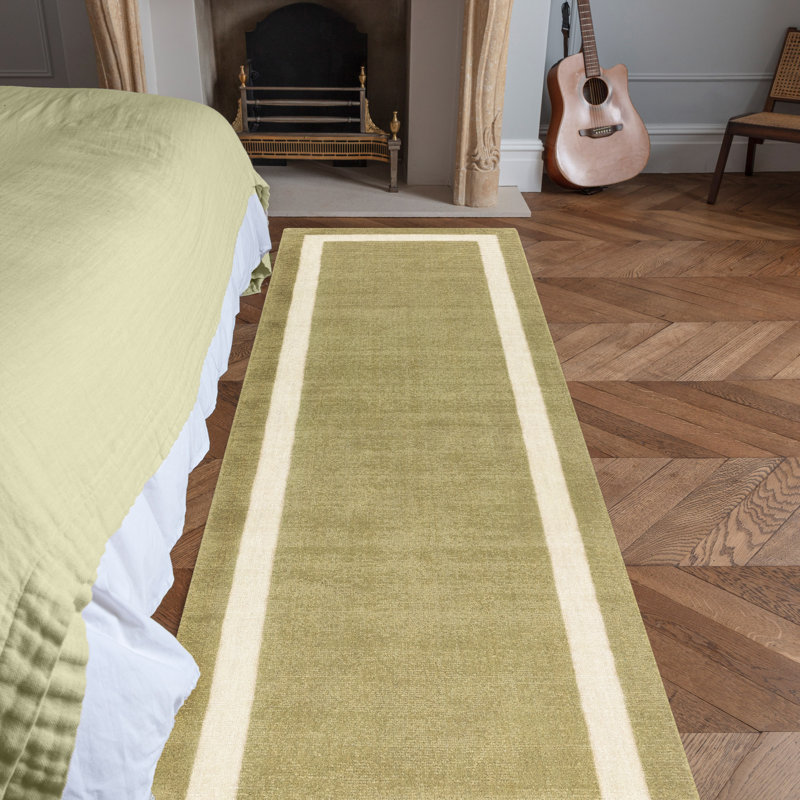 Anyi Bordered Hand Loomed Green Rug, Runner 68 x 240cm