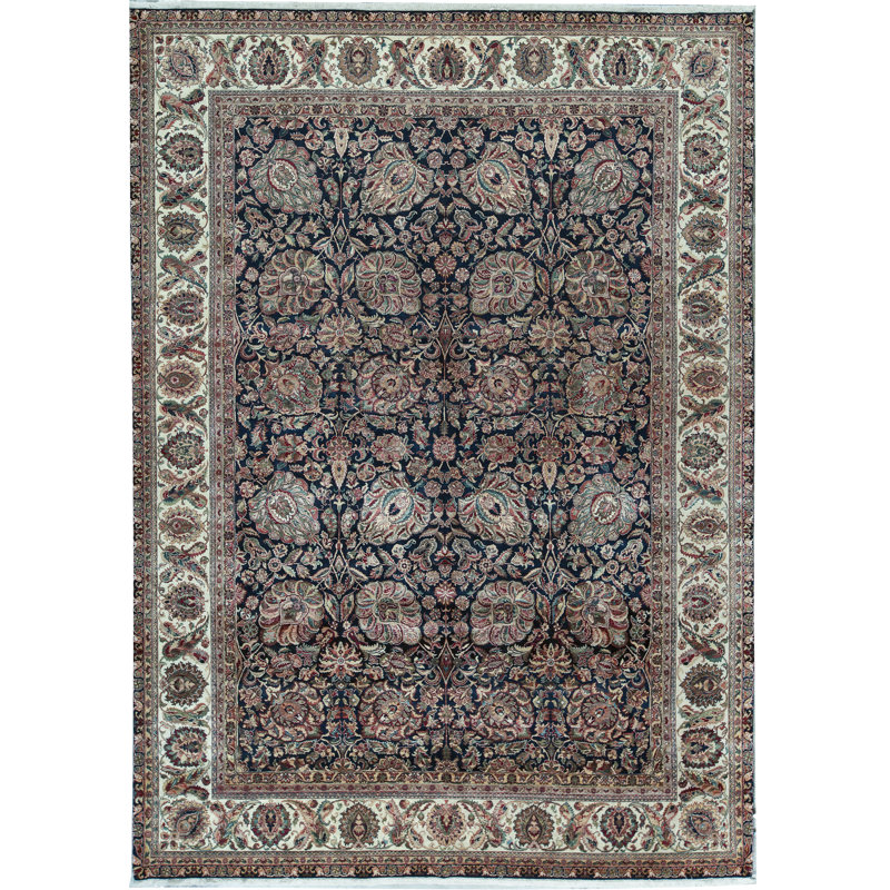 Tapis bleu et crème noué à la main de haute qualité