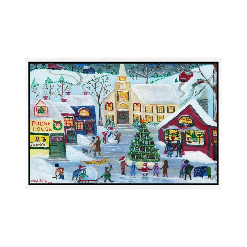 Christmas Holiday Shopping Village by Cheryl Bartley - Print on Canvas, White Framed, 101.6 cm H x 66.04 cm W