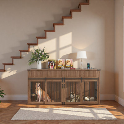 Caisse pour chien double 71 po avec 3 tiroirs cannelés et plateau de table en grain de bois noyer imperméable, grand chenil pour chien avec prise de courant de type C et mangeoires rotatives pour chiens robustes