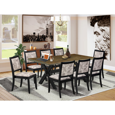 Ensemble de salle à manger 9 pièces comprenant une table à manger avec plateau de style jacobéen vieilli et 8 chaises empilables revêtues de tissu polyester à motifs blancs et gris - finition noire brossée