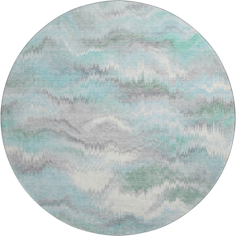 Premium Machine Washable Mayfield AMF2258 Swirls Rug, Teal, 8' Round