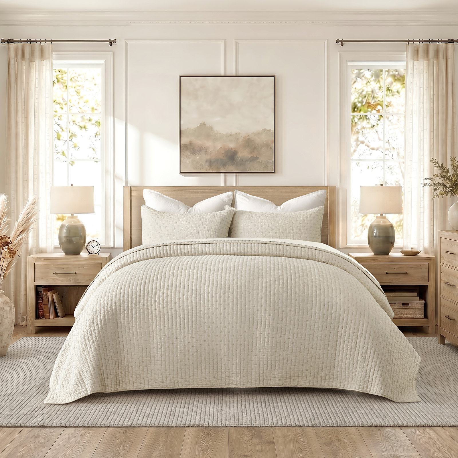 Cotton Quilt Set, Oversized CalKing Quilt + 2 Cal King Shams, Birch