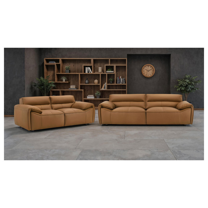 Ensemble de canapés 2 pièces Hudson Orange, revêtus de cuir véritable et dotés d'une structure en bois d'ingénierie