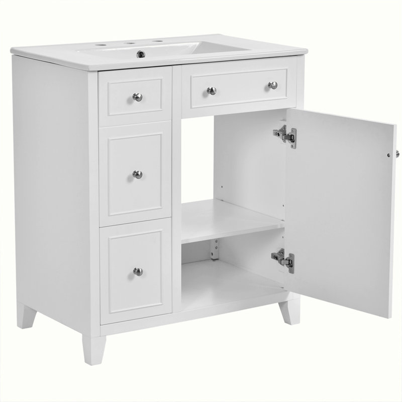 Meuble-lavabo de salle de bain avec lavabo en céramique et tiroir double couche, Blanc