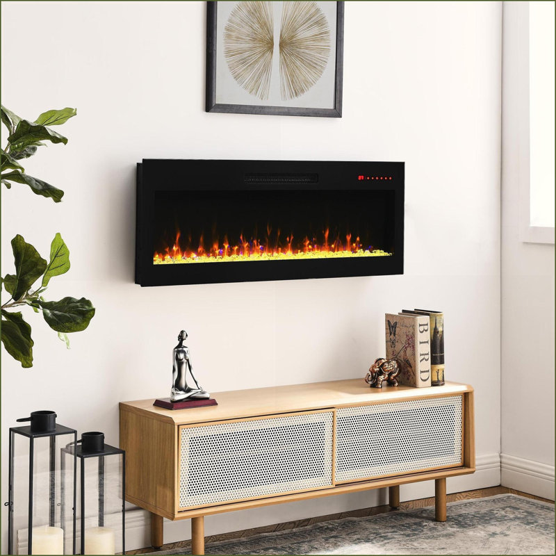 Indoor Electric Fireplace 42-Inch Ultra-Thin Tempered Glass Wall Mounted Recessed with Remote, Multi-Color Flame | Tempered Glass+Sheet Metal+Plastic | Vent Free