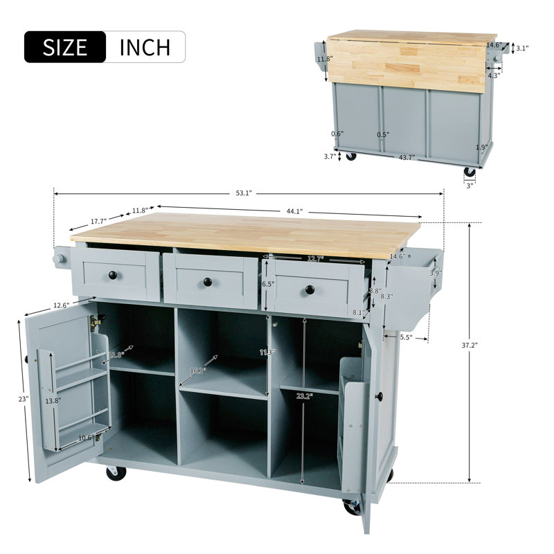 Kitchen Cart With Rubber Wood Drop-leaf Countertop ,cabinet Door Internal Storage Racks,kitchen Island On 5 Wheels With Storage Cabinet And 3 Drawers For Dinning Room,