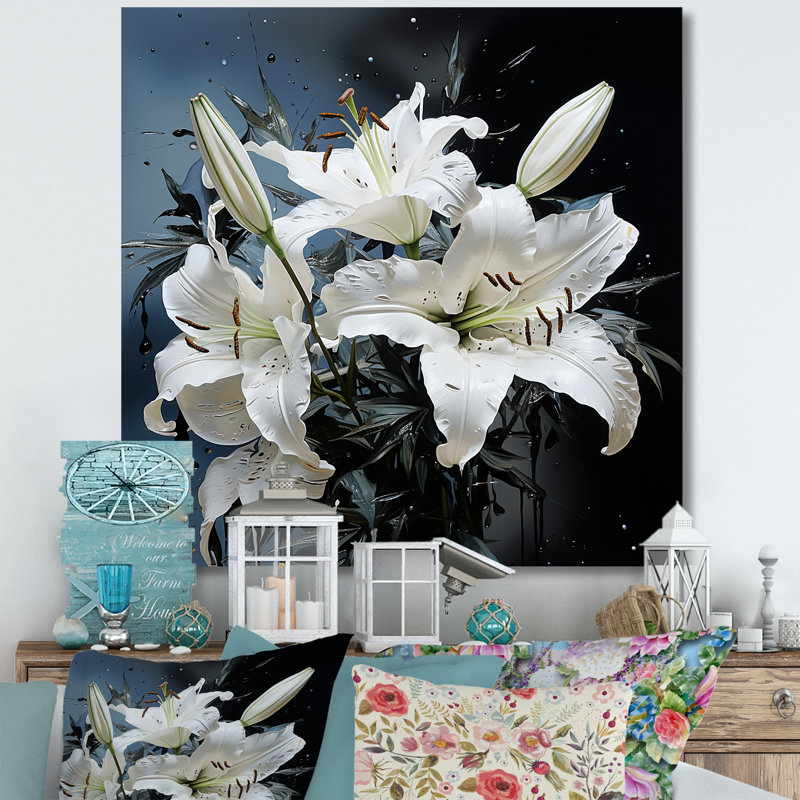 Breloque lis blanc et bleu I, H 36 po x l 36 po x P 1,5 po, Toile tendue