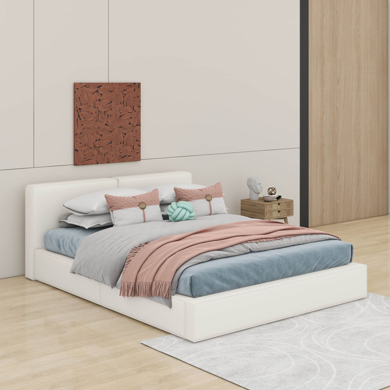 Grand lit tapissier au sol en velours, Beige