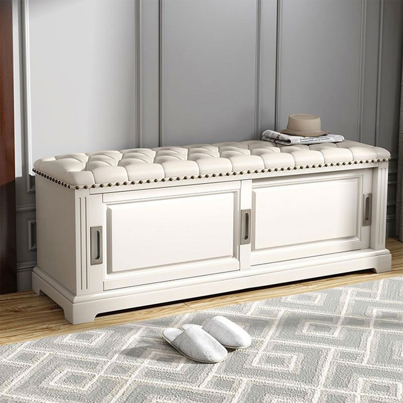 Banc rembourré en cuir véritable blanc, H 17,72 po x l 43,31 po x P 14,96 po