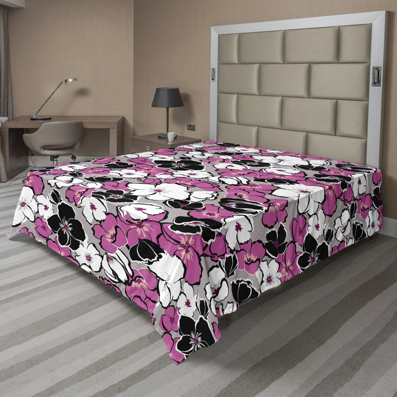 Drap plat à motif floral bohème Ambesonne, Drap plat de taille double, Rose, gris anthracite et blanc / motif floral