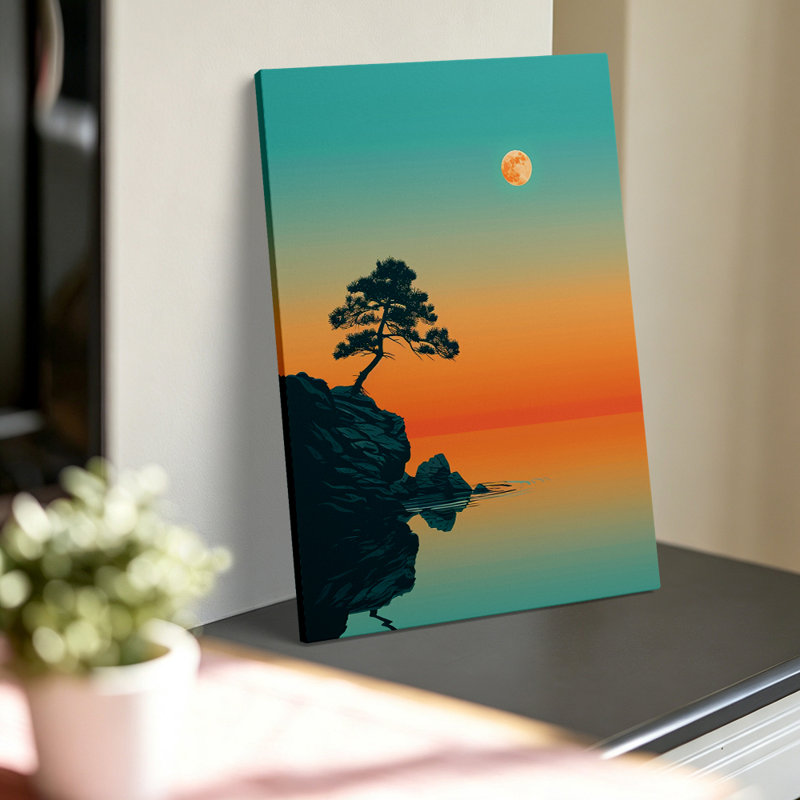 Impression d'art graphique minimaliste et moderne japonaise « Pin sur une falaise au coucher du soleil » sur toile 45,7 x 30,5 cm (18 x 12 pouces) - Décoration de salon