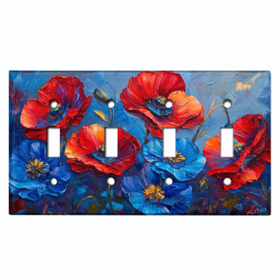Metal Light Switch Plate Cover; US Standard Size 4 Gang Toggle - Printed Image of Poppy Art